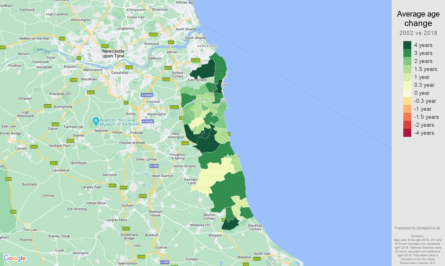 Sunderland average age change map