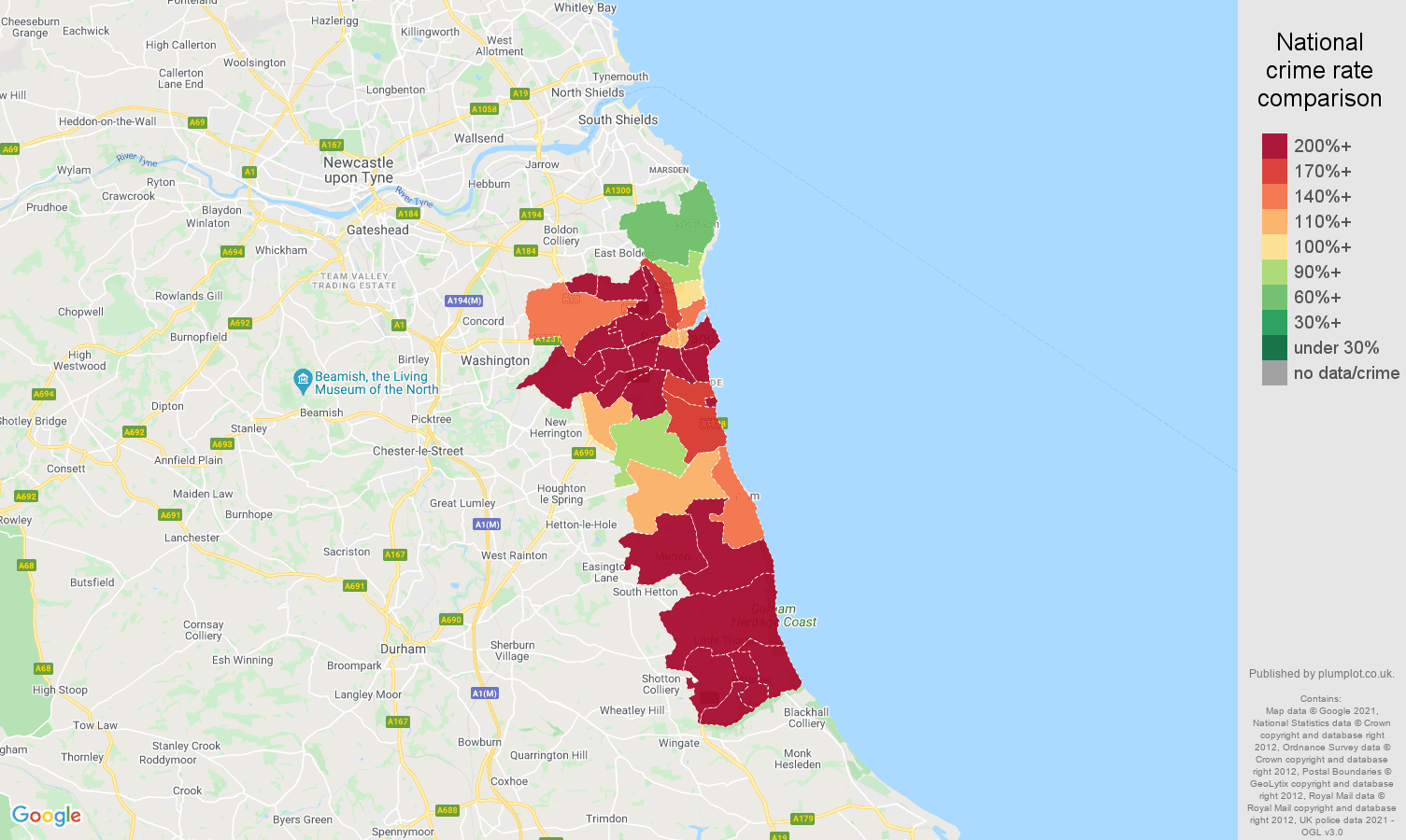 Sunderland criminal damage and arson crime rate comparison map