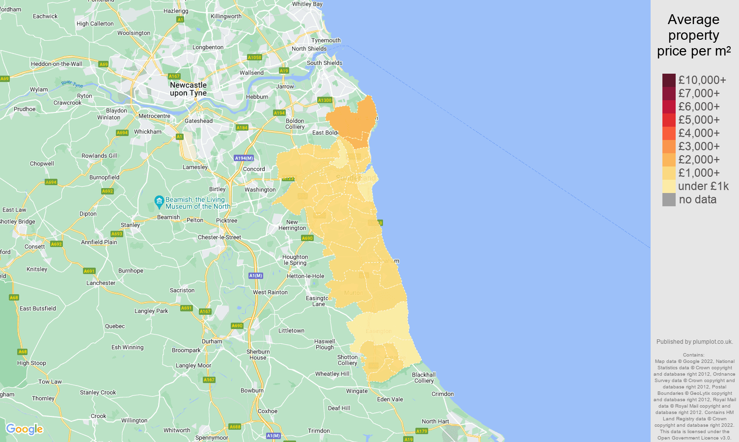 Sunderland house prices per square metre map