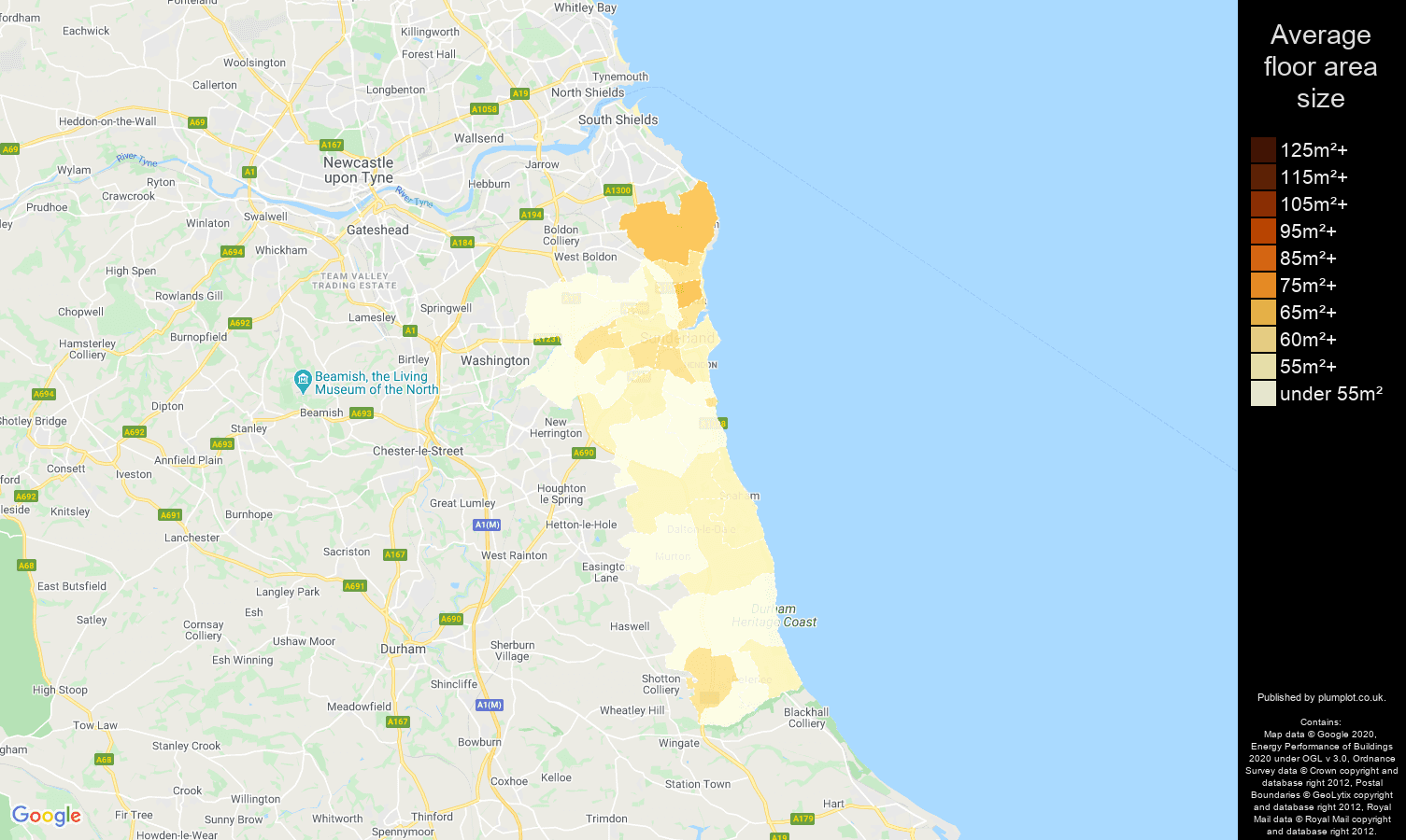 Sunderland map of average floor area size of flats
