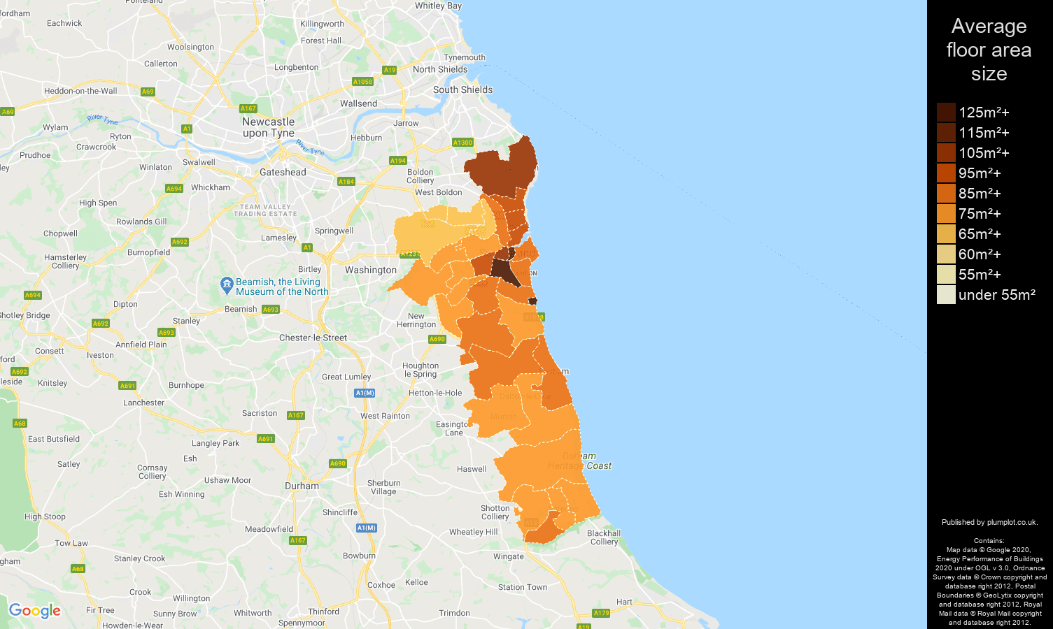 Sunderland map of average floor area size of houses