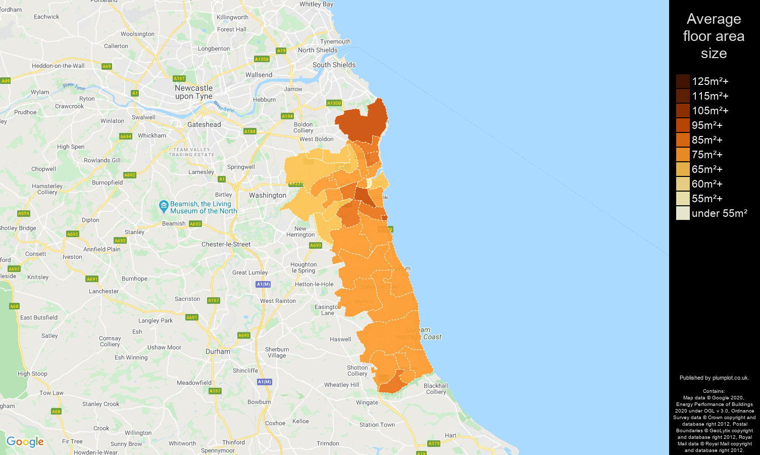 Sunderland map of average floor area size of properties