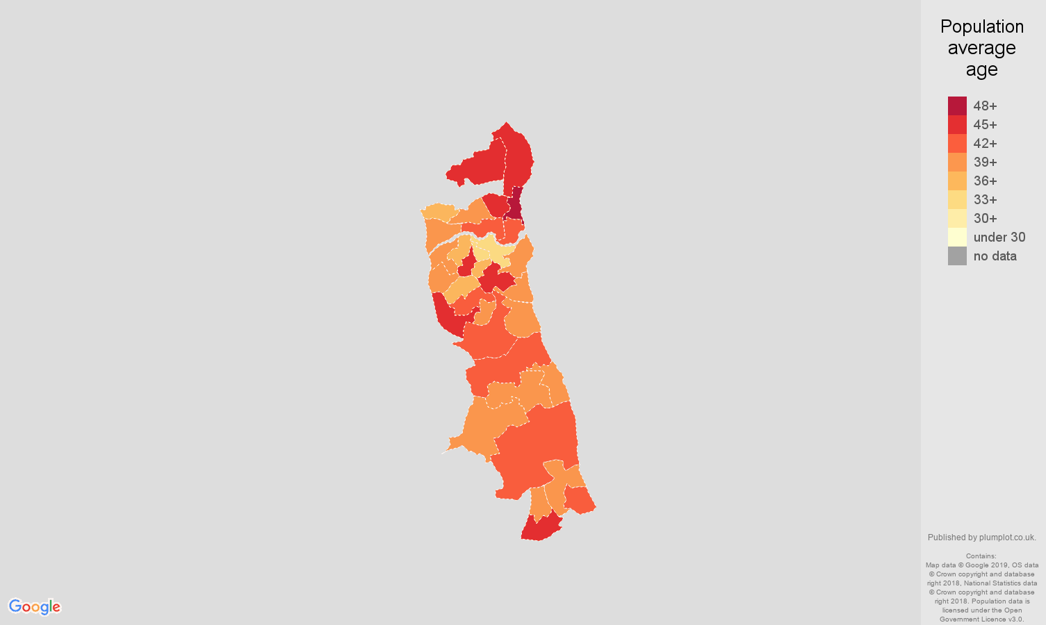 Sunderland population average age map
