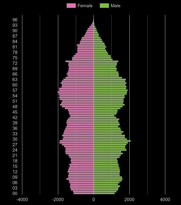 Sunderland population pyramid by year