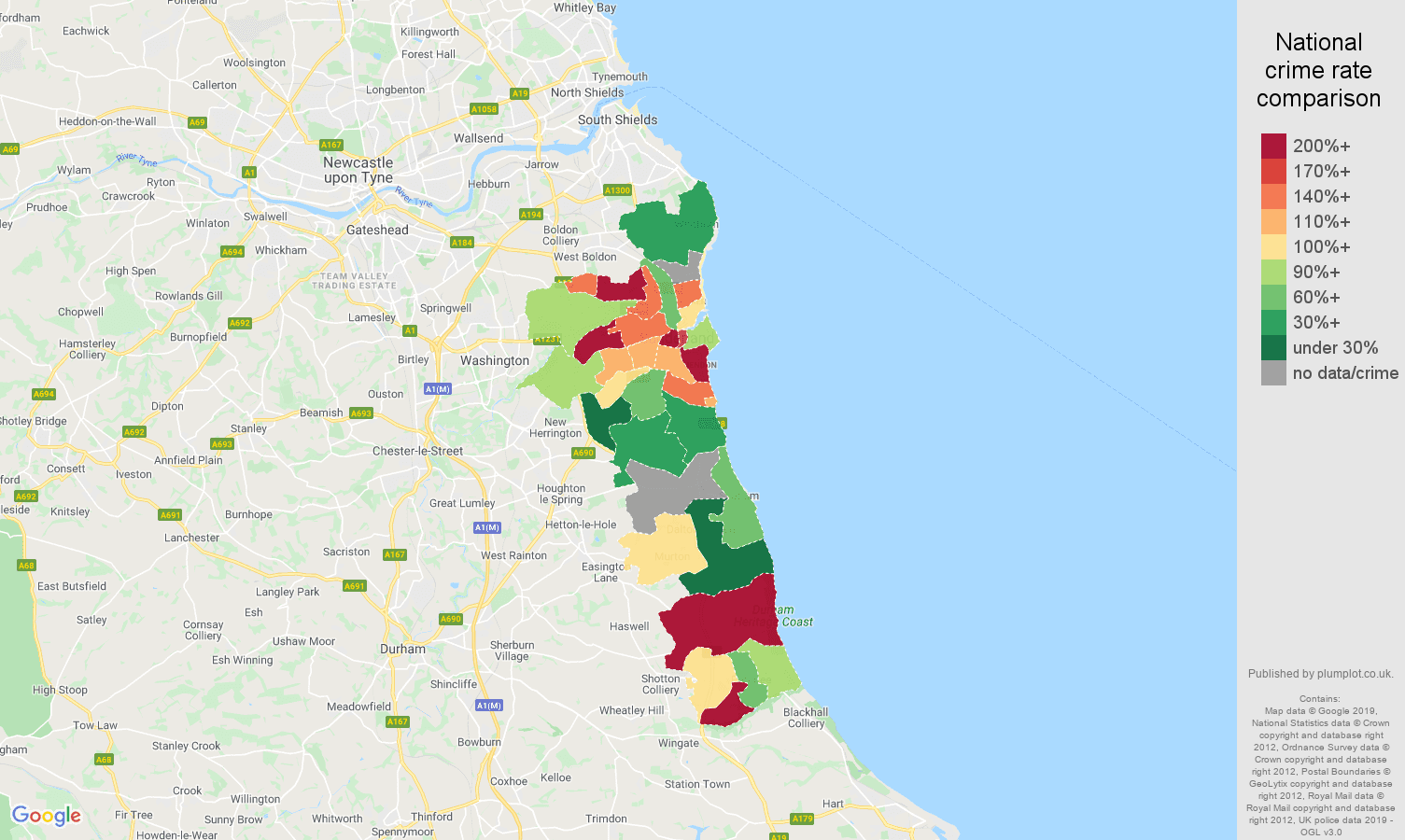 Sunderland possession of weapons crime rate comparison map