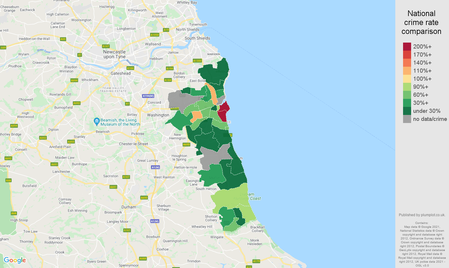 Sunderland robbery crime rate comparison map