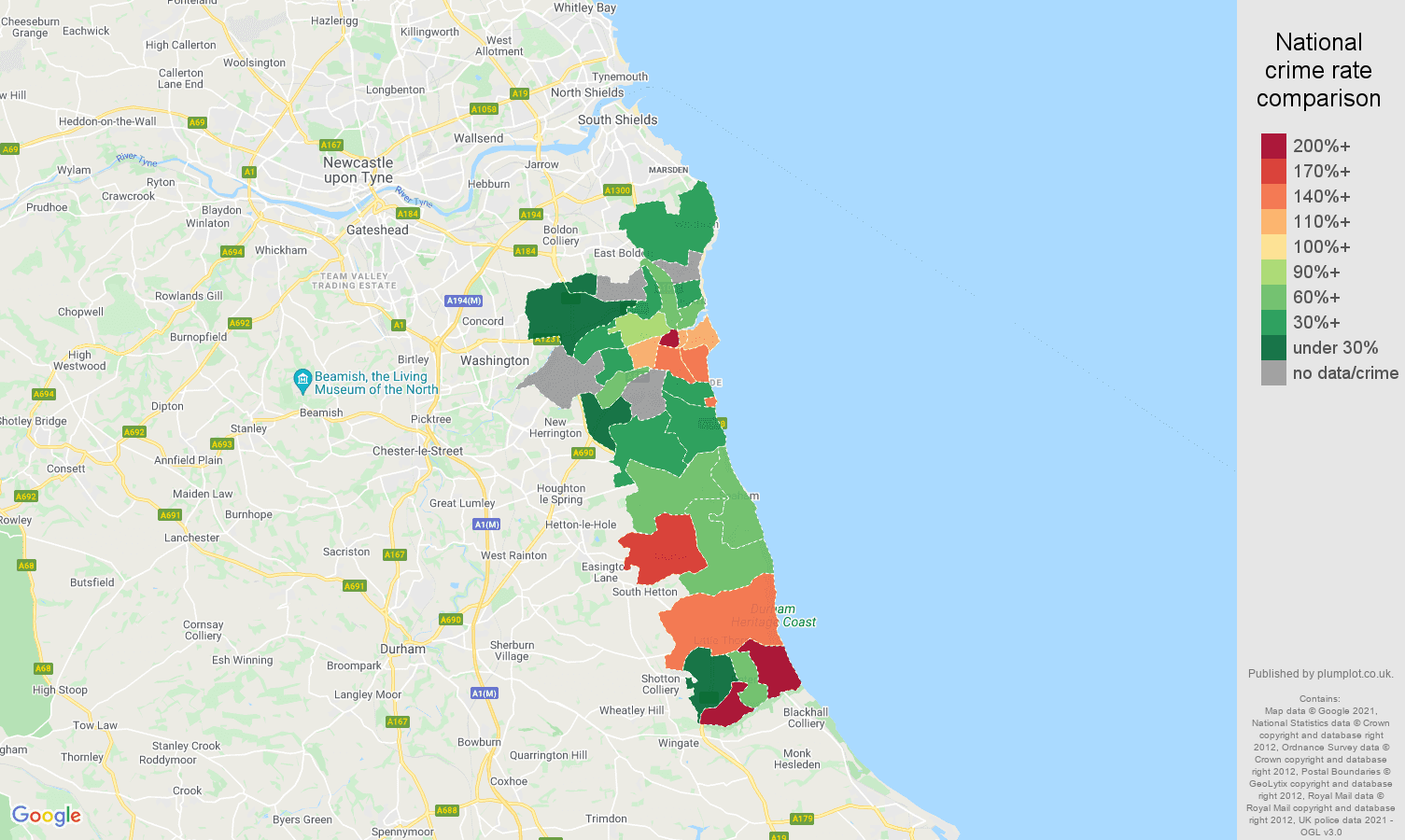 Sunderland theft from the person crime rate comparison map
