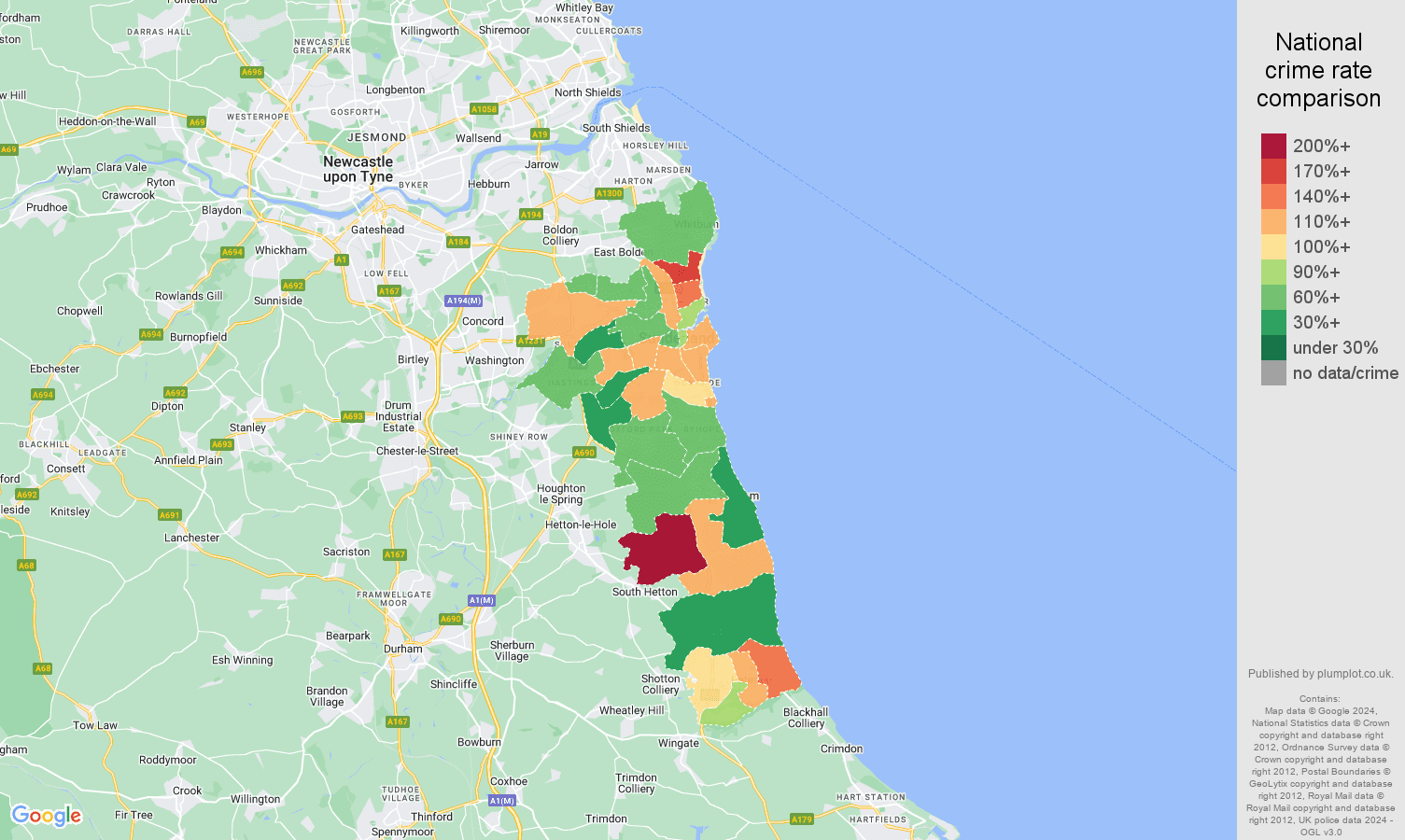 Sunderland vehicle crime rate comparison map