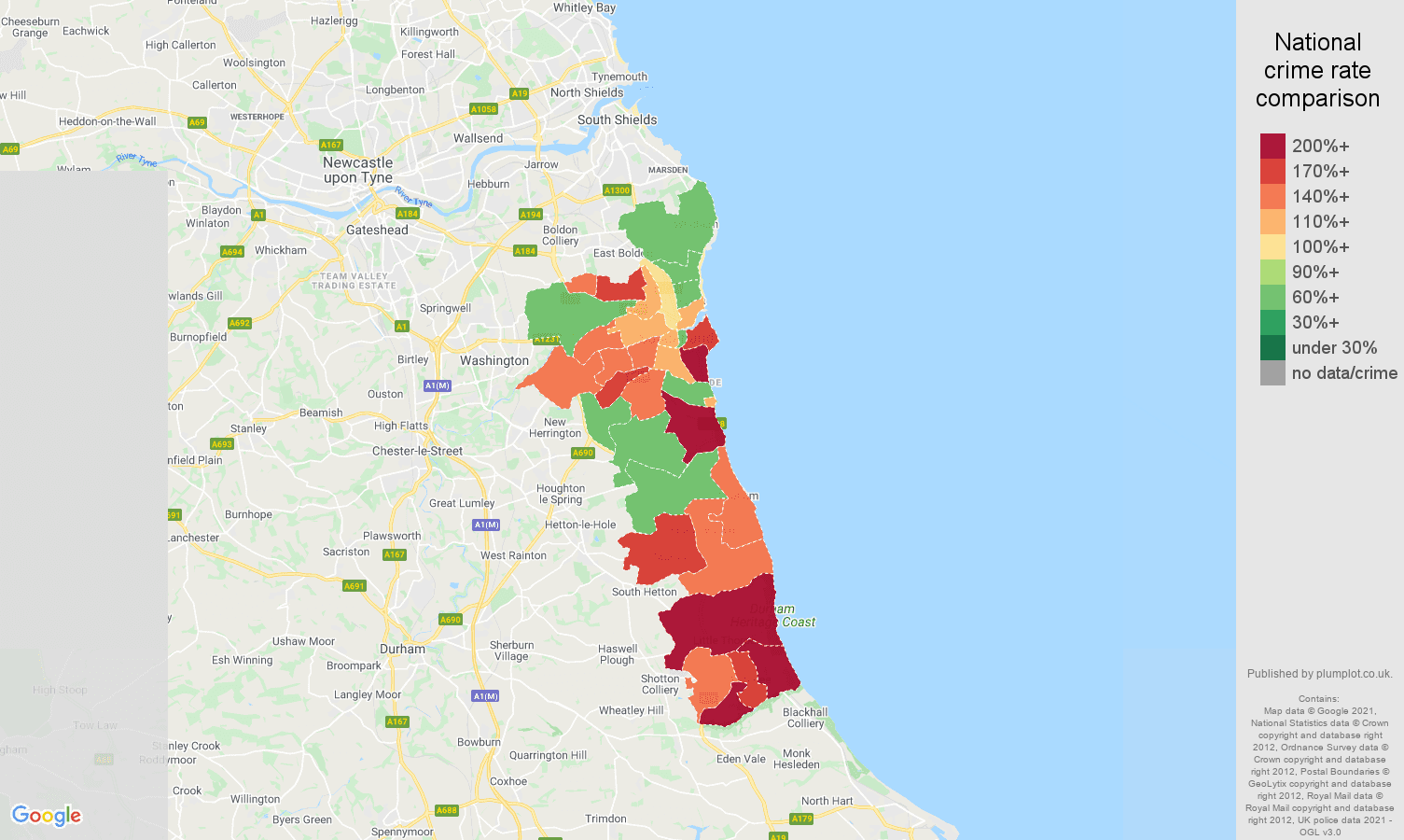 Sunderland violent crime rate comparison map