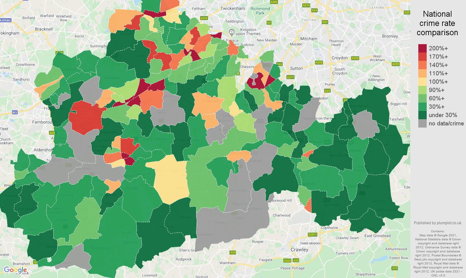 Surrey bicycle theft crime rate comparison map