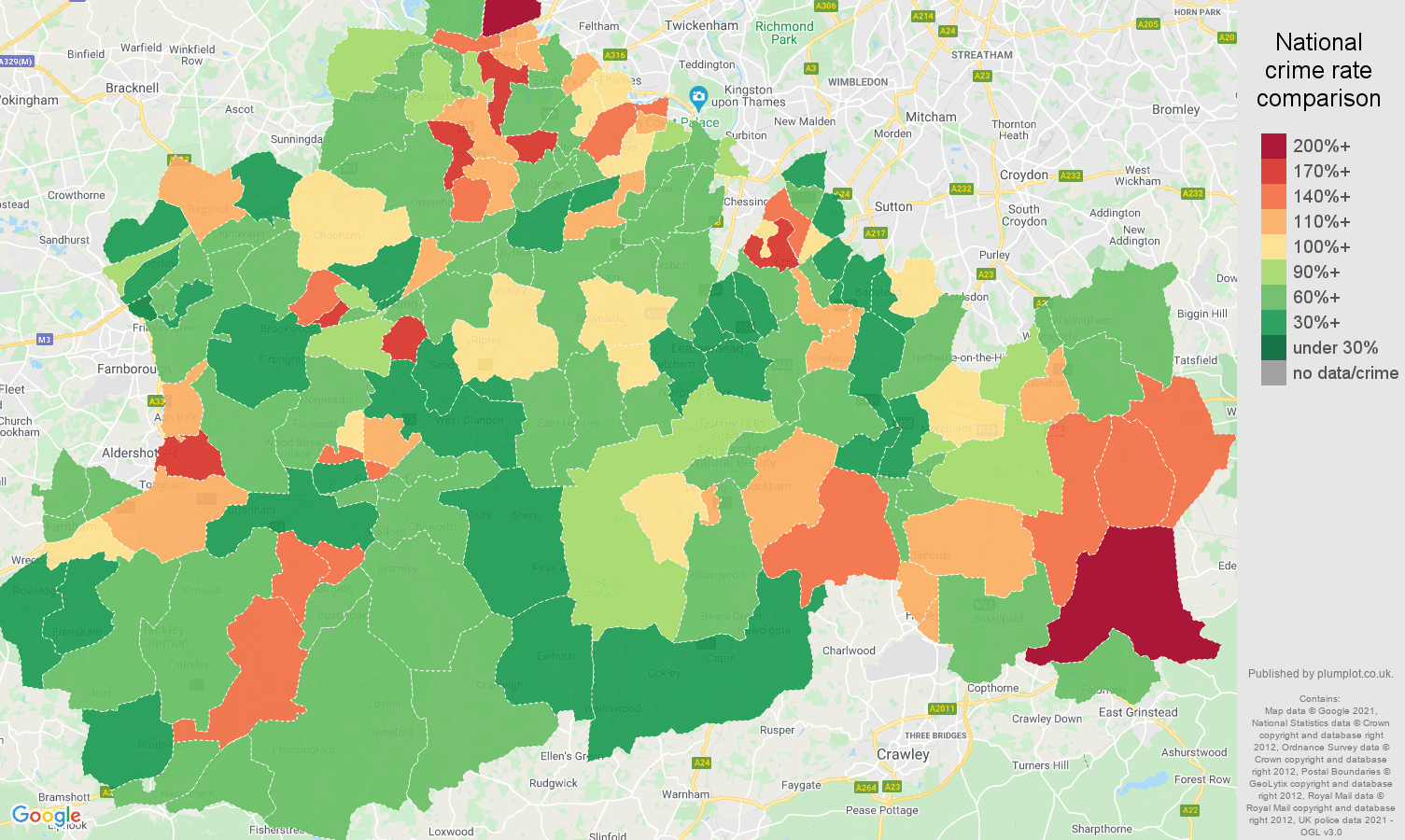 Surrey criminal damage and arson crime rate comparison map