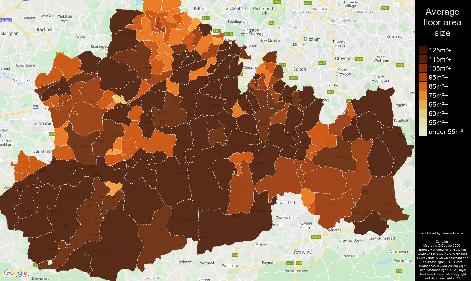 Surrey map of average floor area size of houses