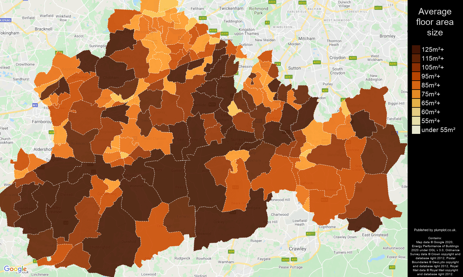 Surrey map of average floor area size of properties