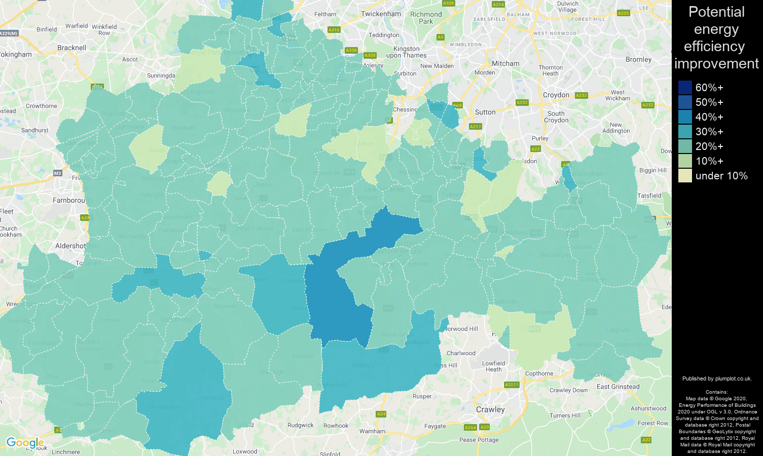 Surrey map of potential energy efficiency improvement of houses
