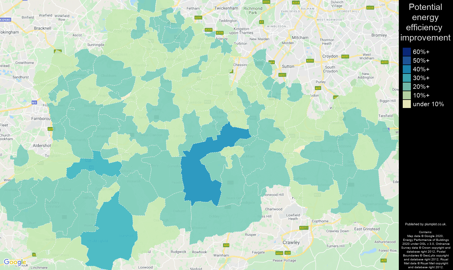 Surrey map of potential energy efficiency improvement of properties