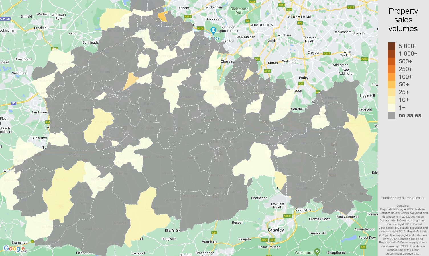 Surrey map of sales of new properties