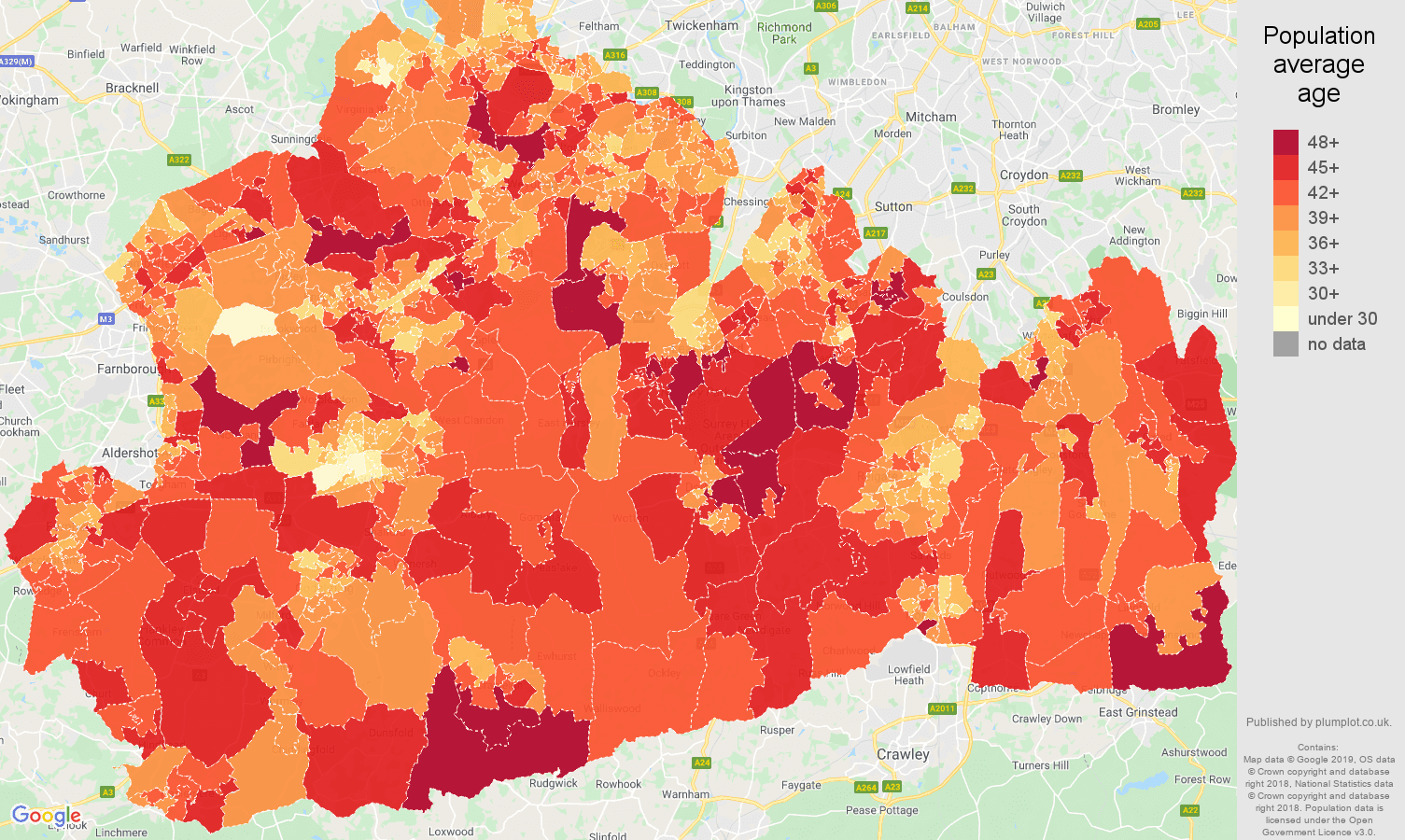 Surrey population average age map