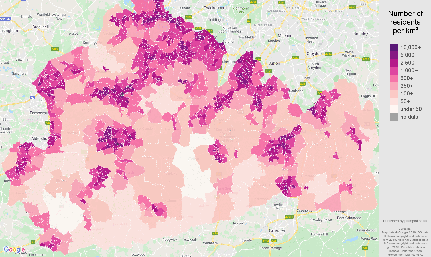 Surrey population density map