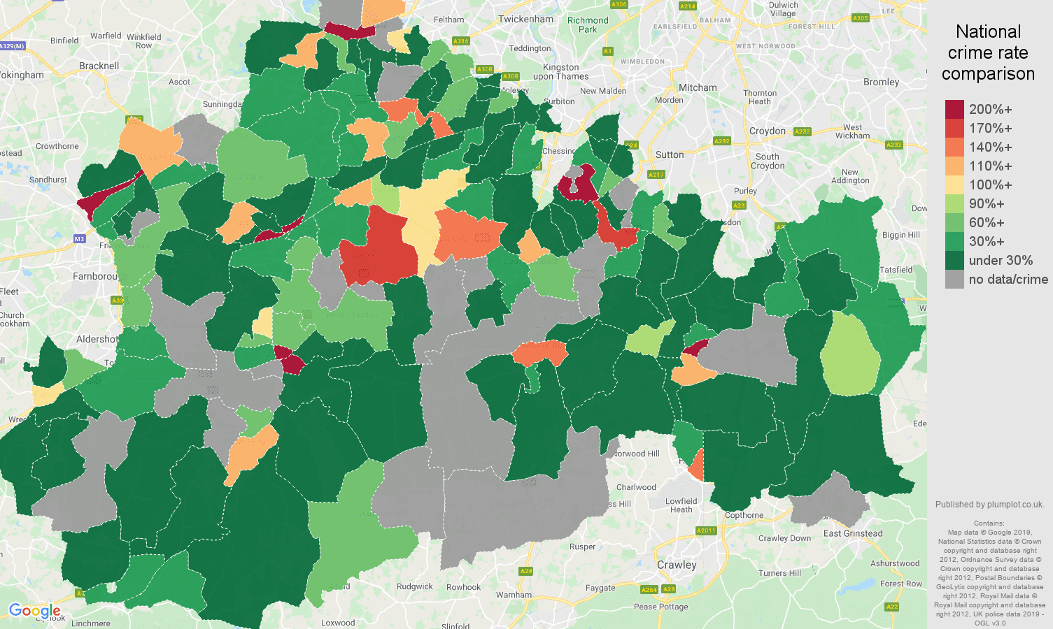 Surrey shoplifting crime rate comparison map