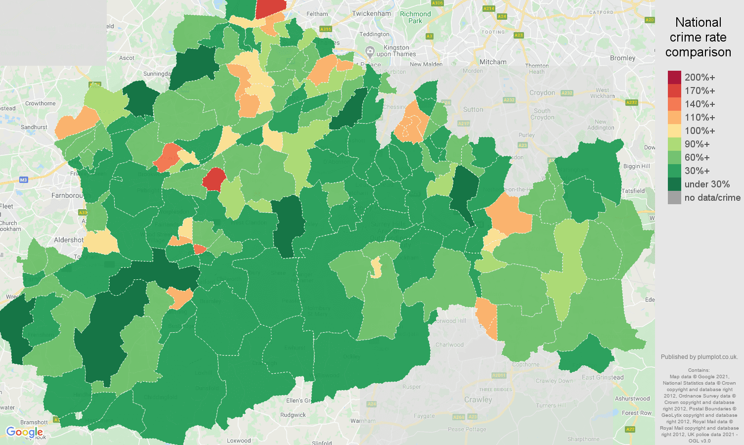 Surrey violent crime rate comparison map