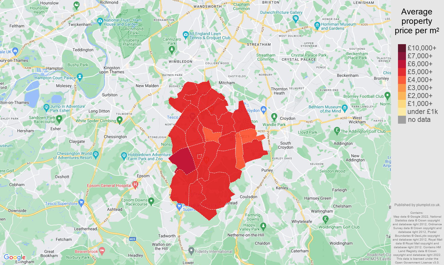 Sutton house prices per square metre map