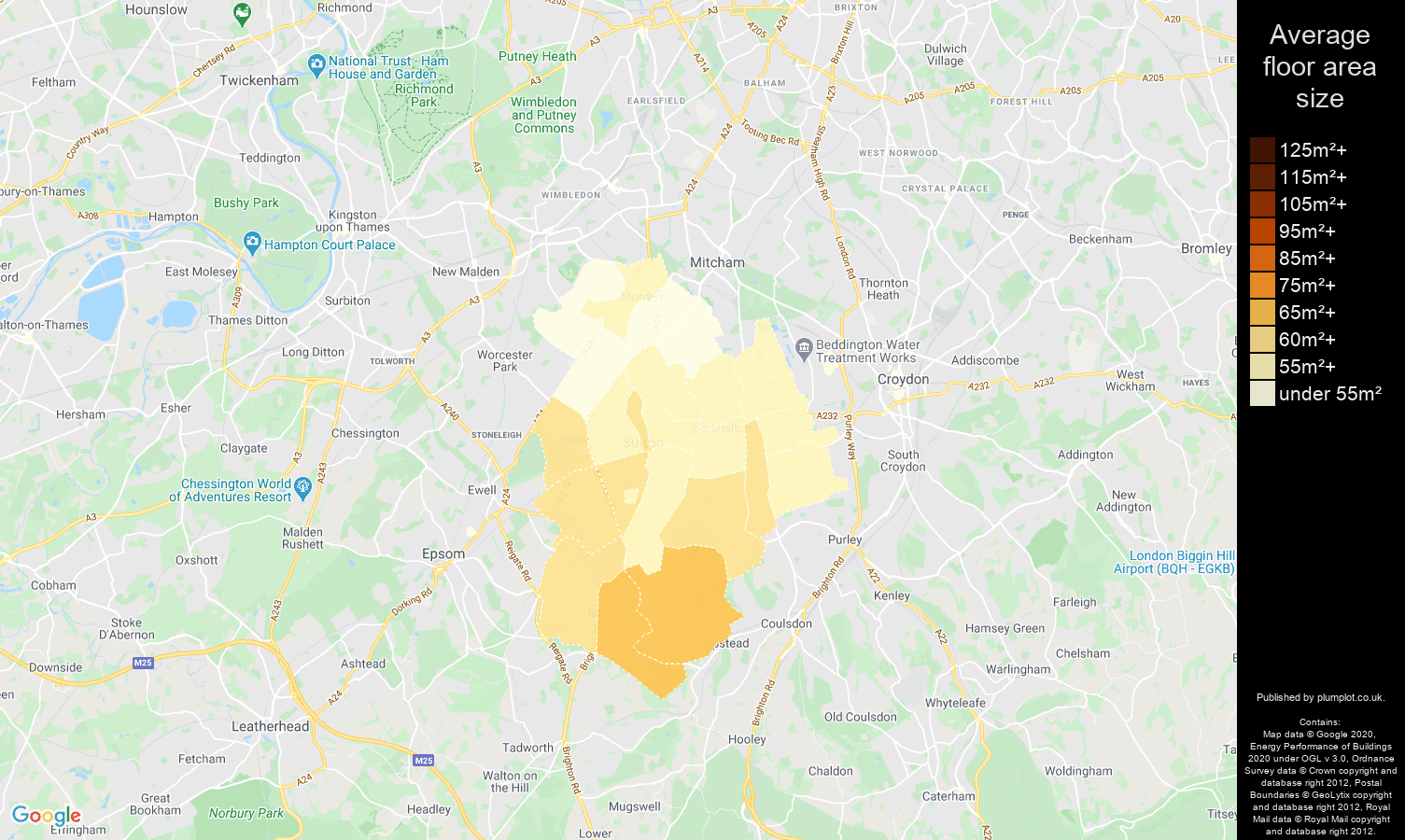 Sutton map of average floor area size of flats
