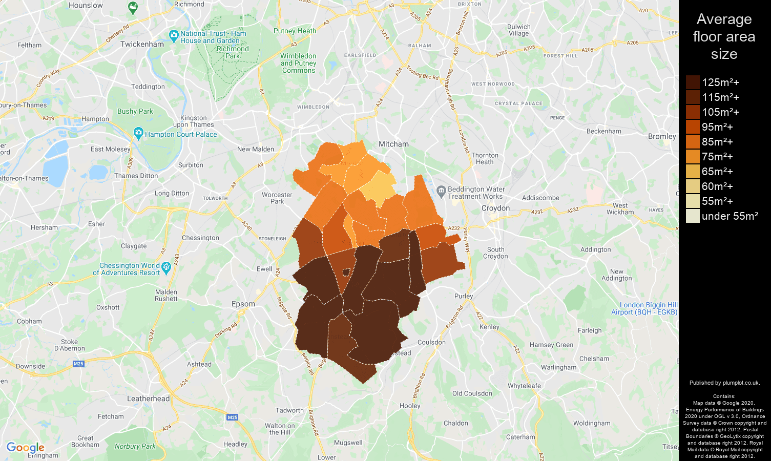 Sutton map of average floor area size of houses