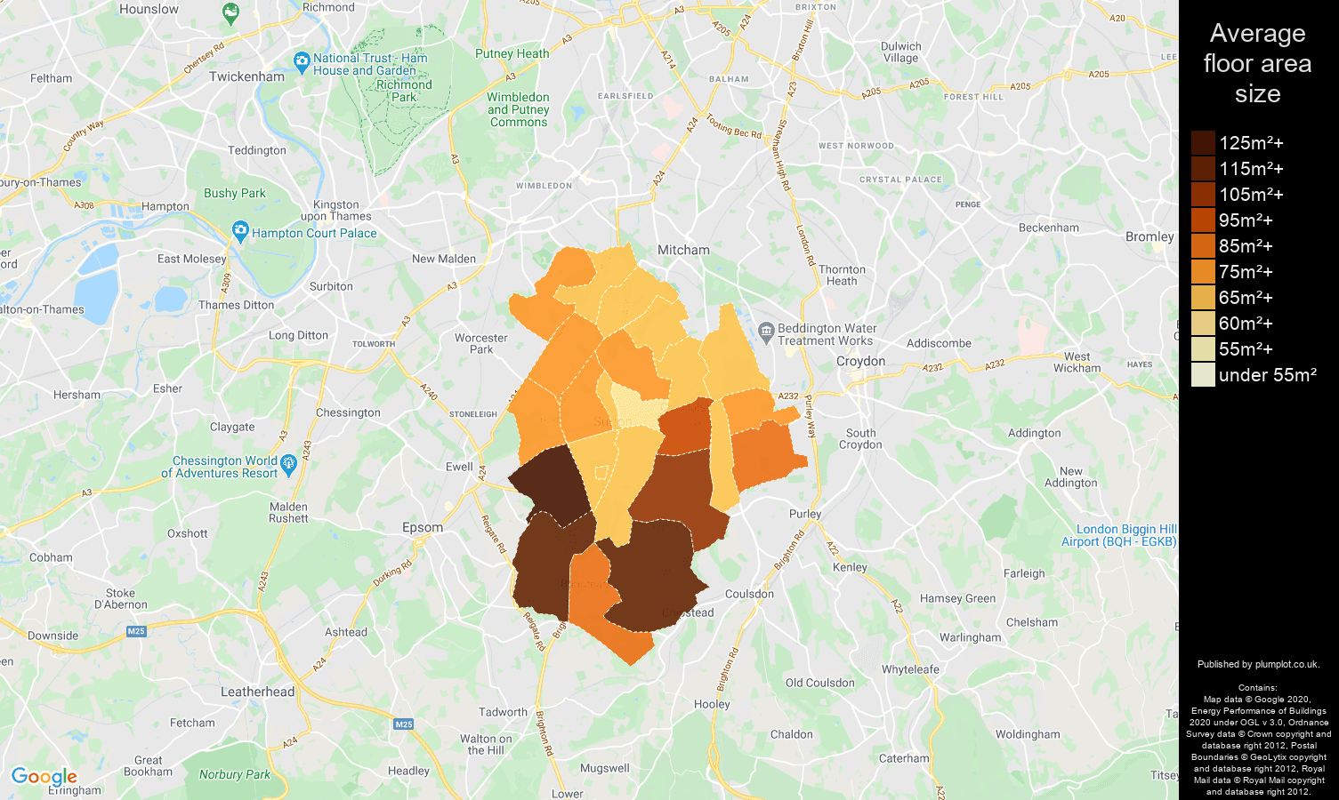 Sutton map of average floor area size of properties