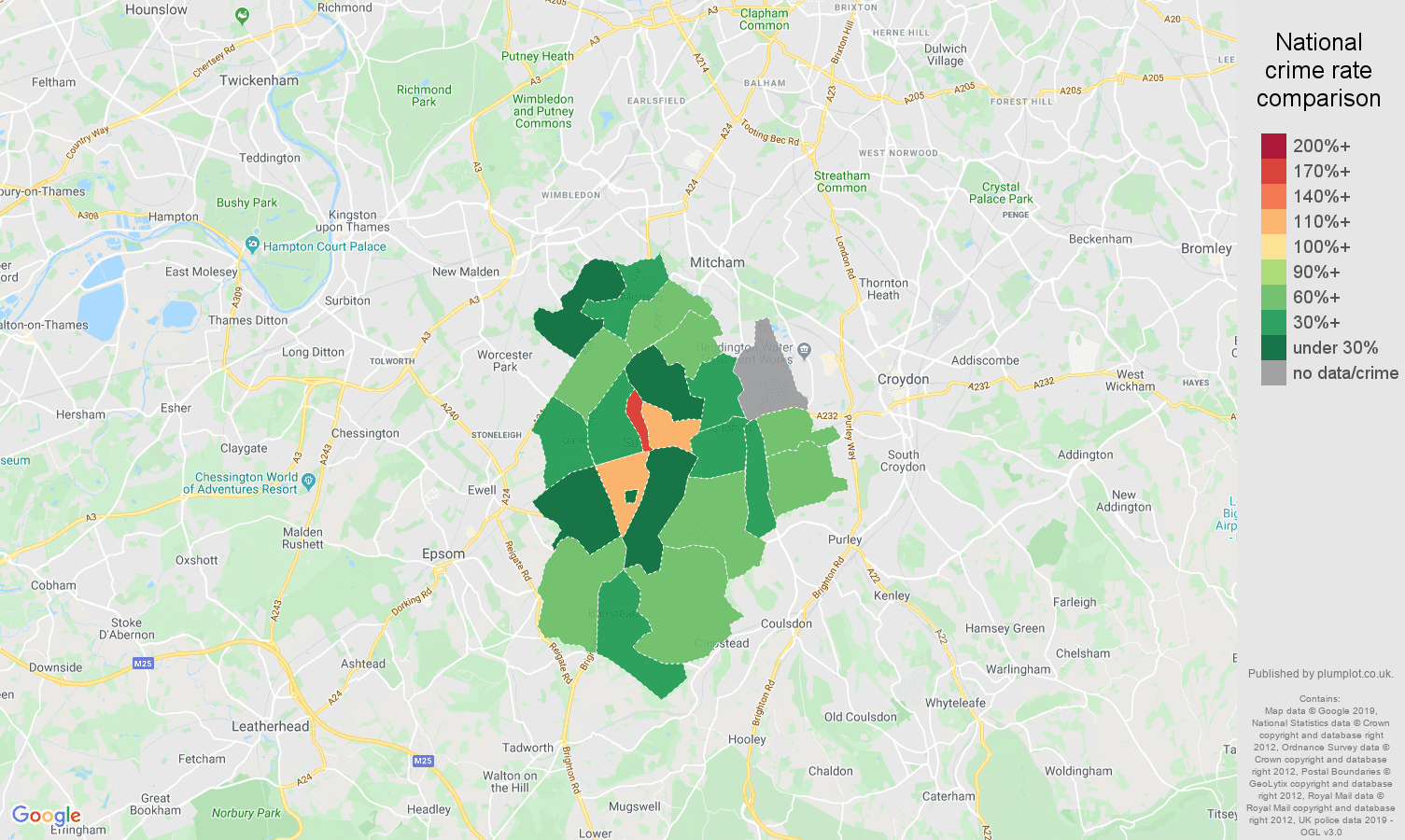 Sutton possession of weapons crime rate comparison map