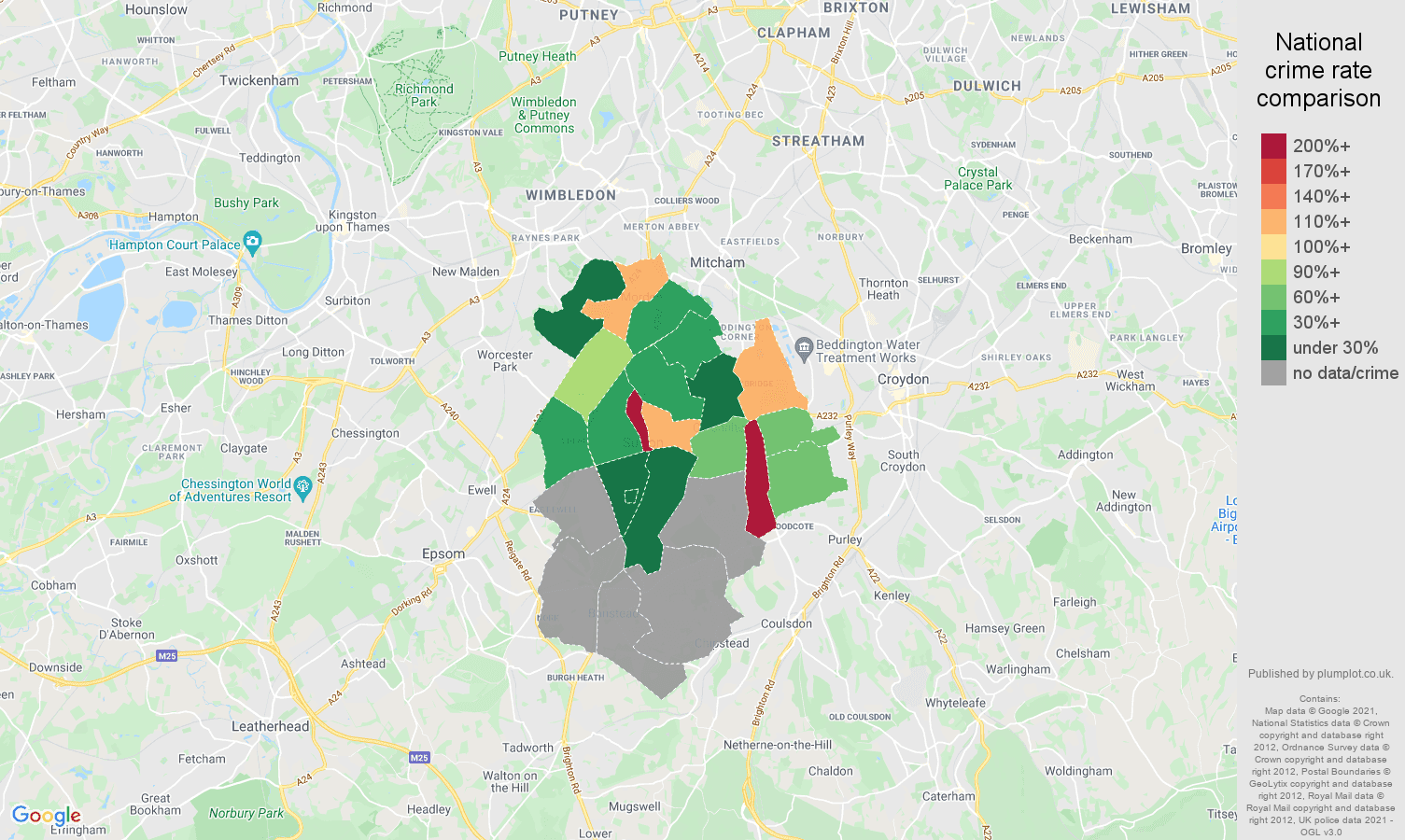 Sutton theft from the person crime rate comparison map