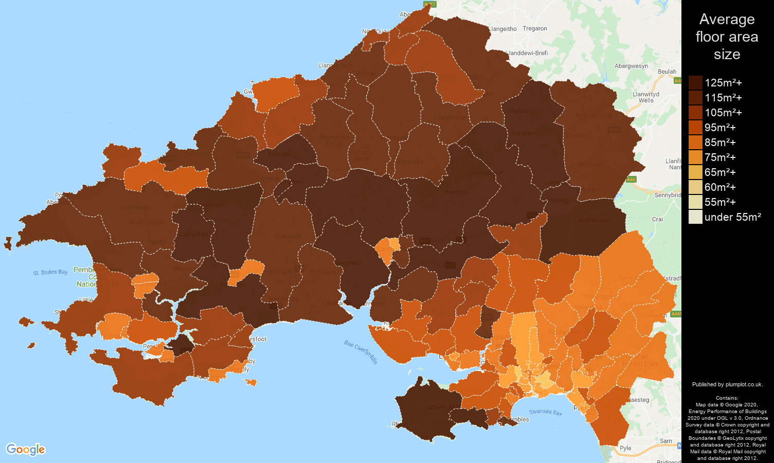 Swansea map of average floor area size of properties