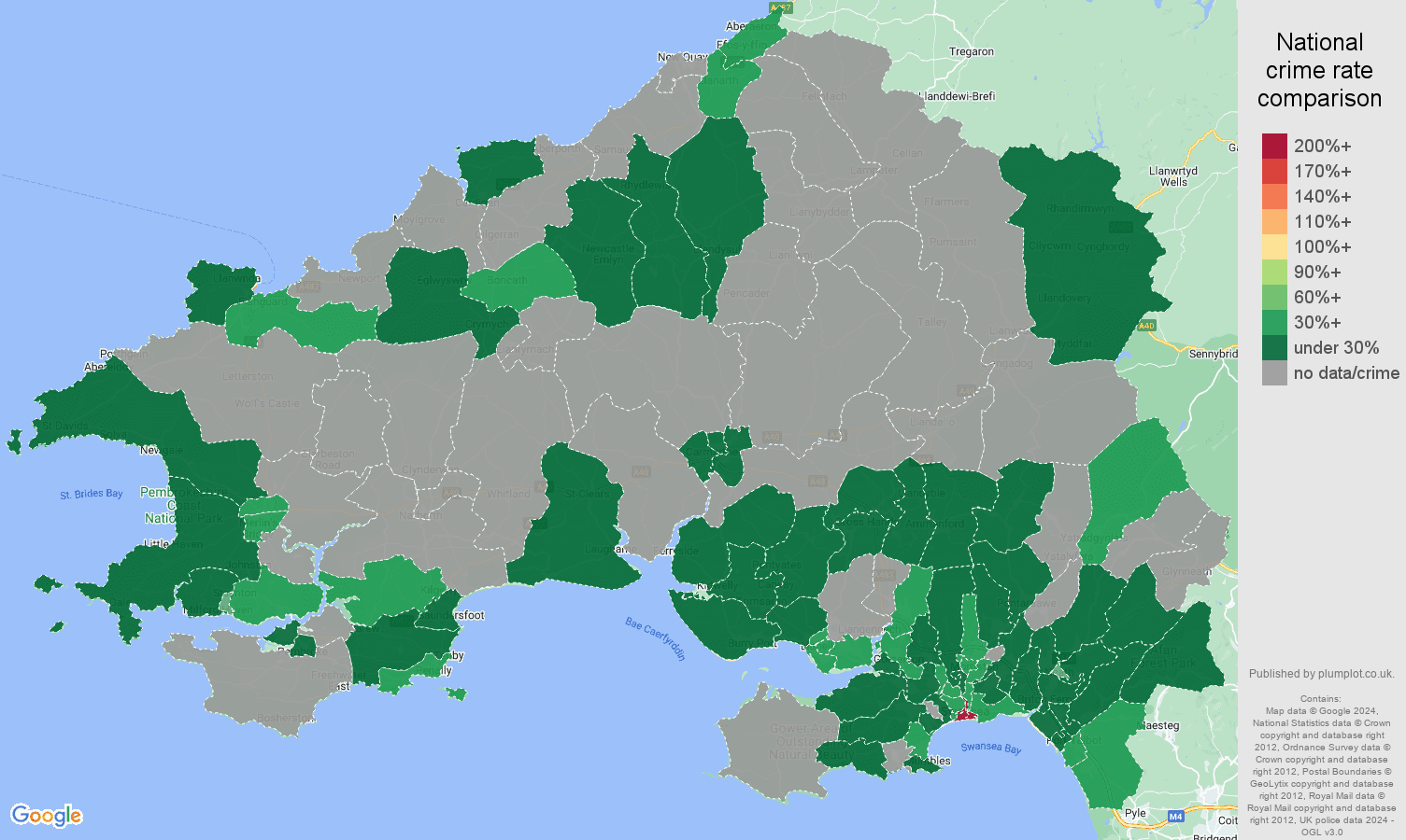Swansea theft from the person crime rate comparison map