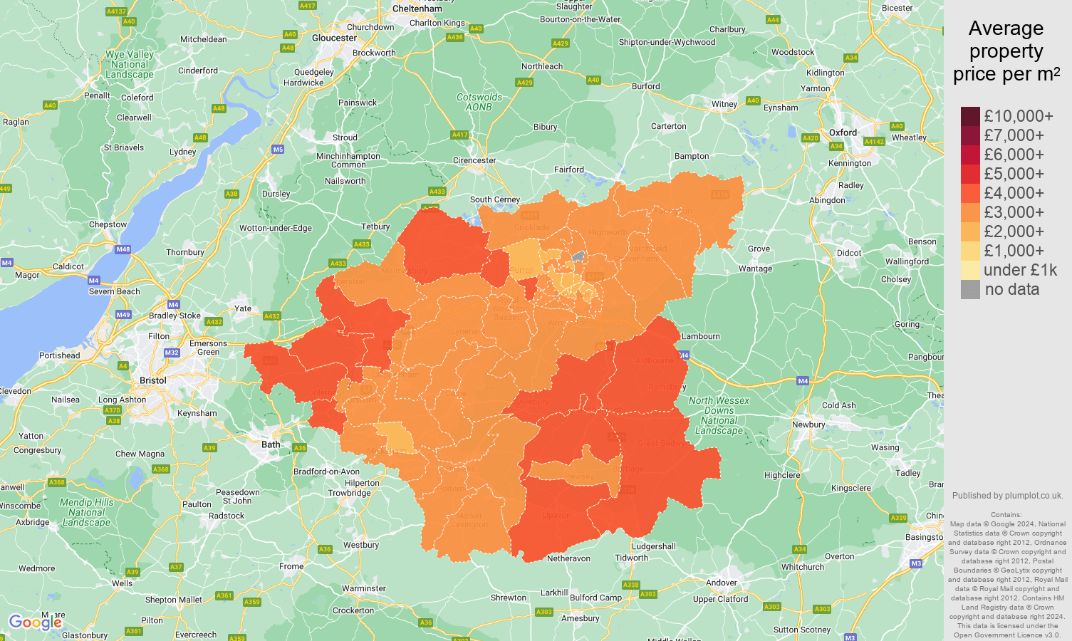 Swindon house prices per square metre map