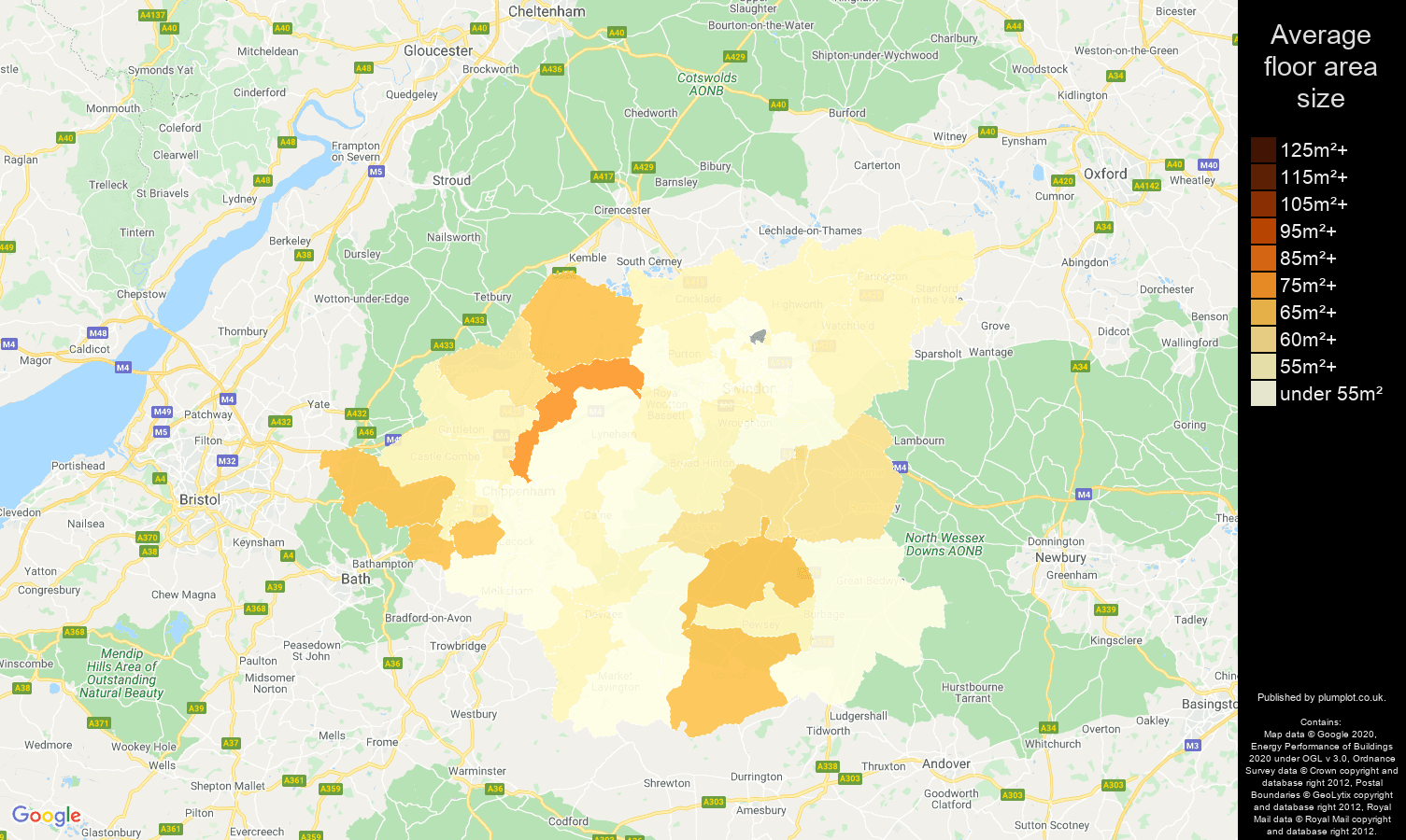 Swindon map of average floor area size of flats