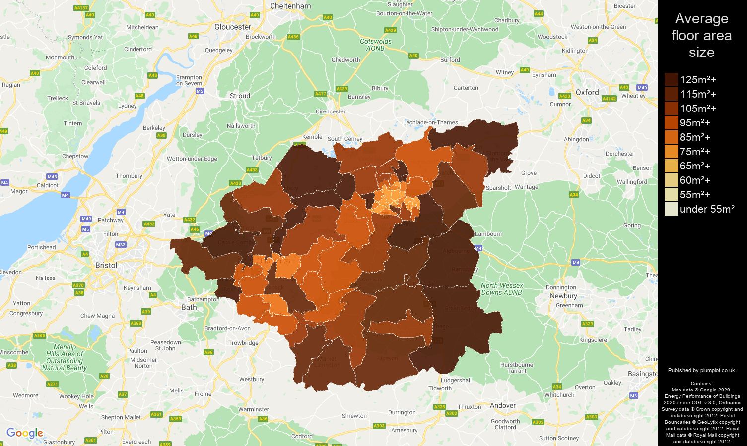 Swindon map of average floor area size of houses