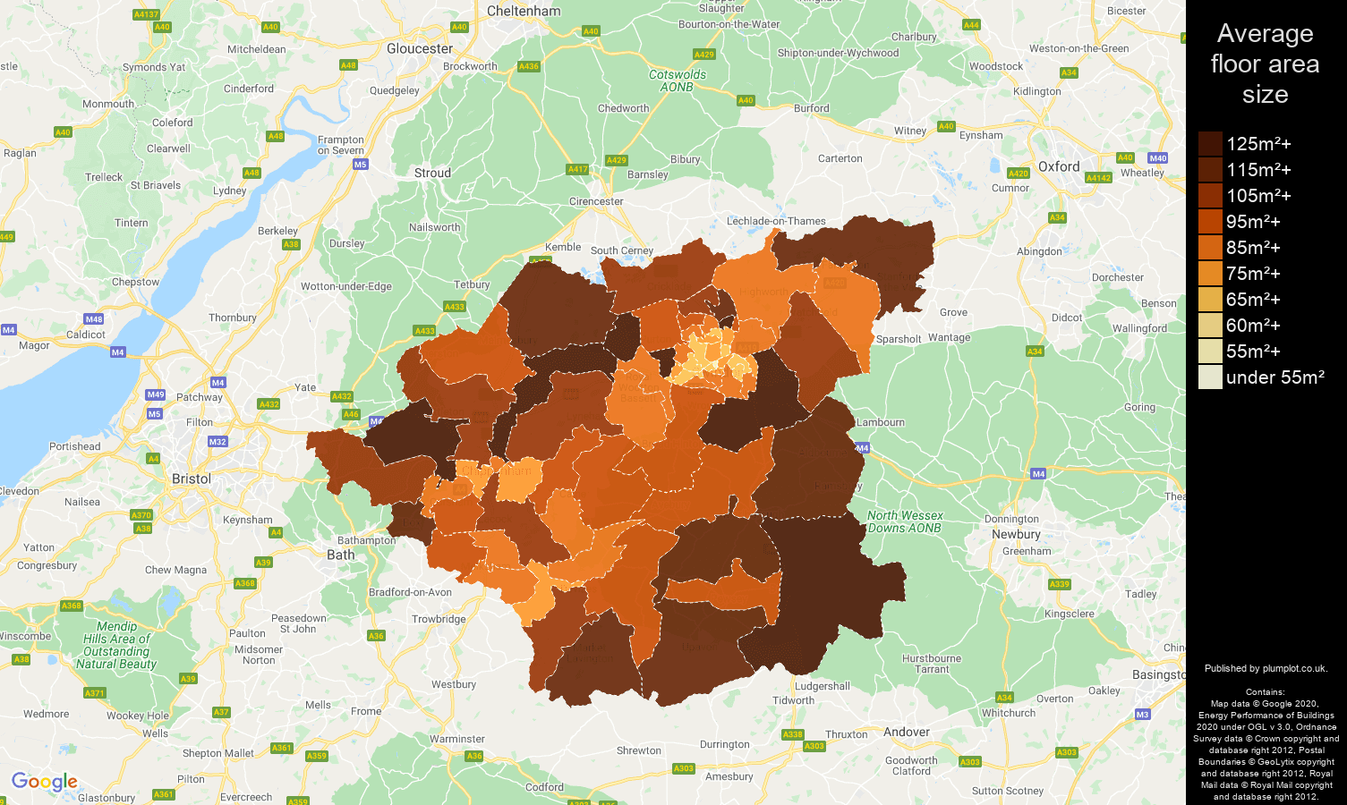 Swindon map of average floor area size of properties