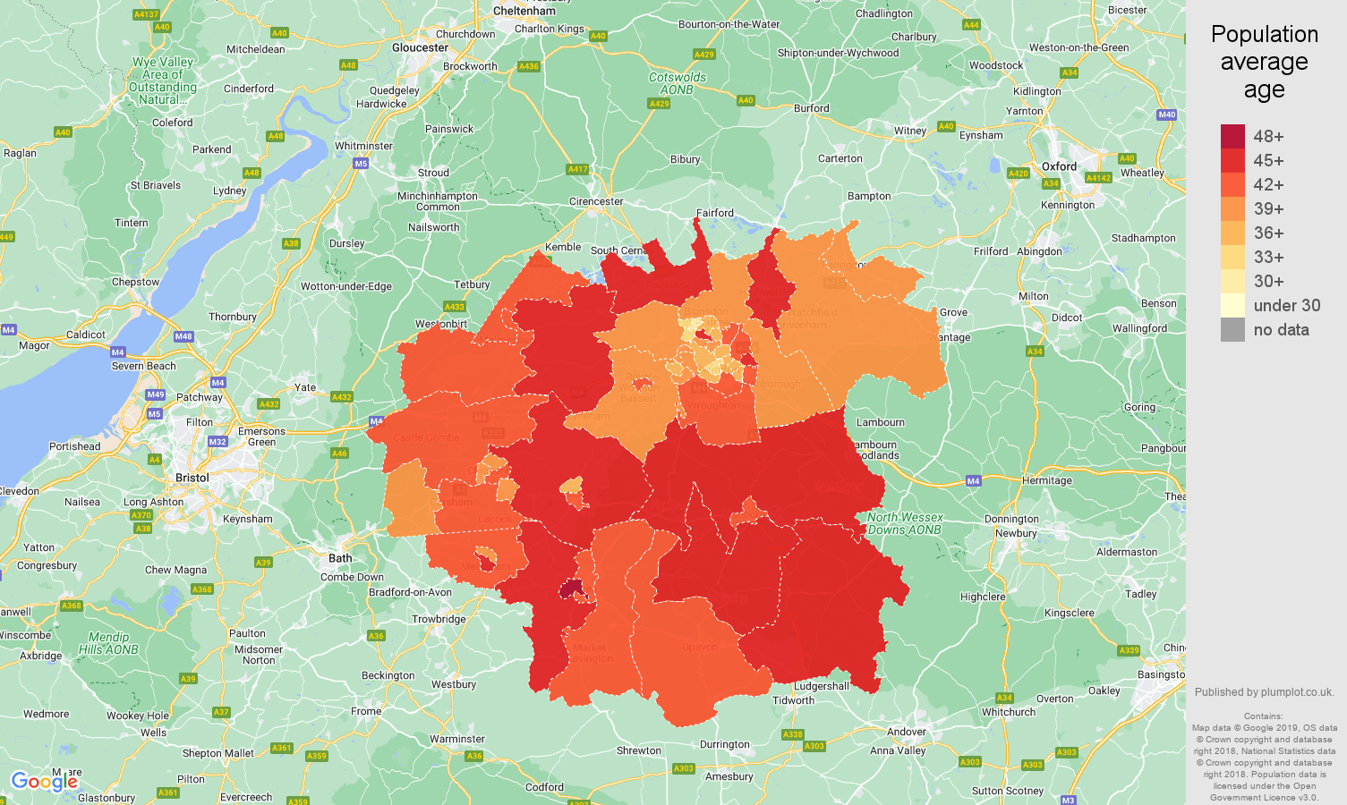 Swindon population average age map