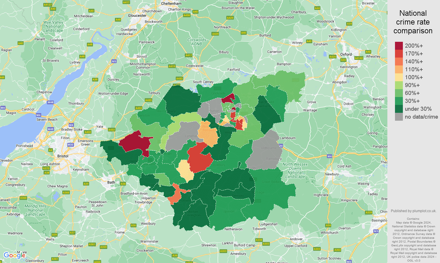 Swindon possession of weapons crime rate comparison map