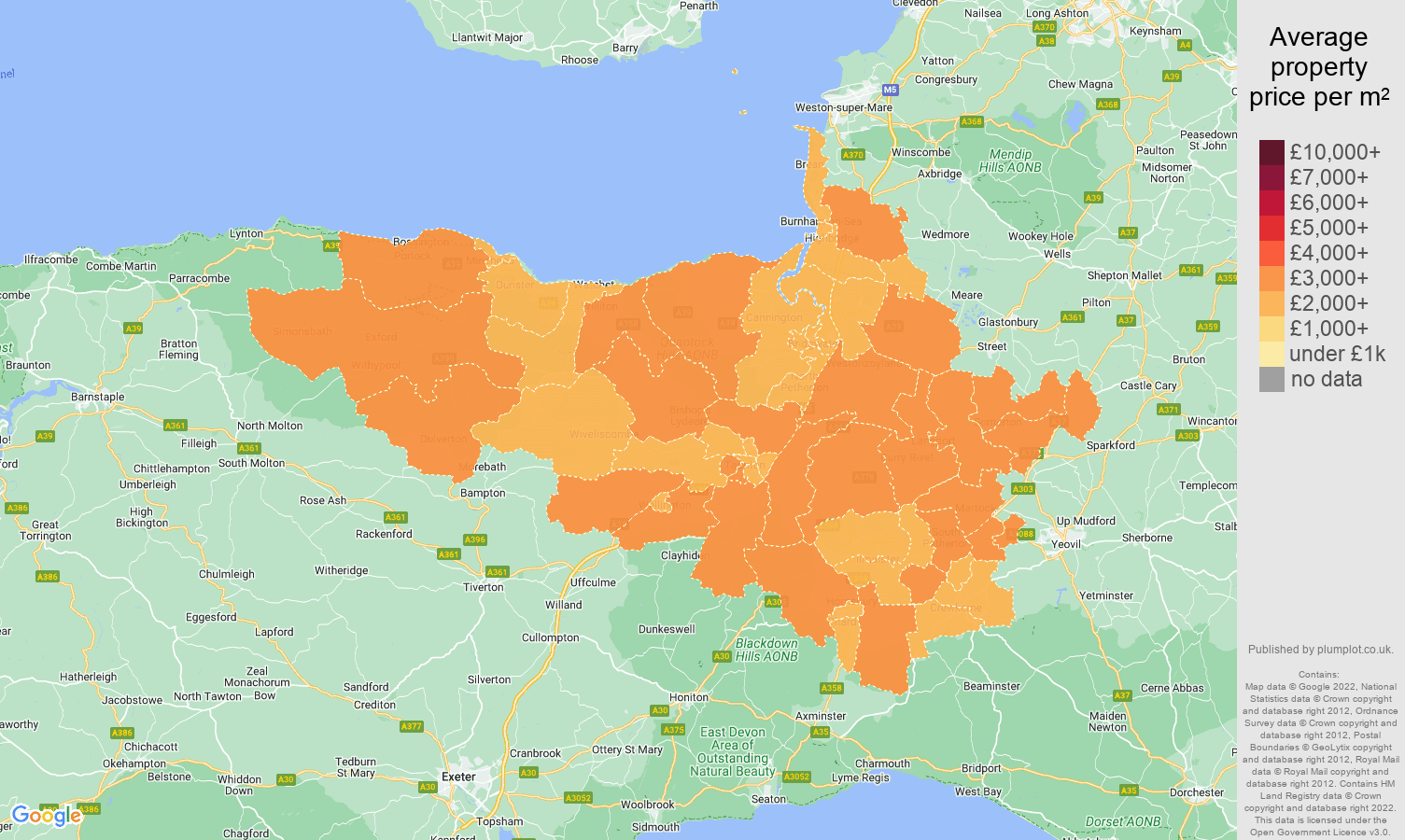Taunton house prices per square metre map