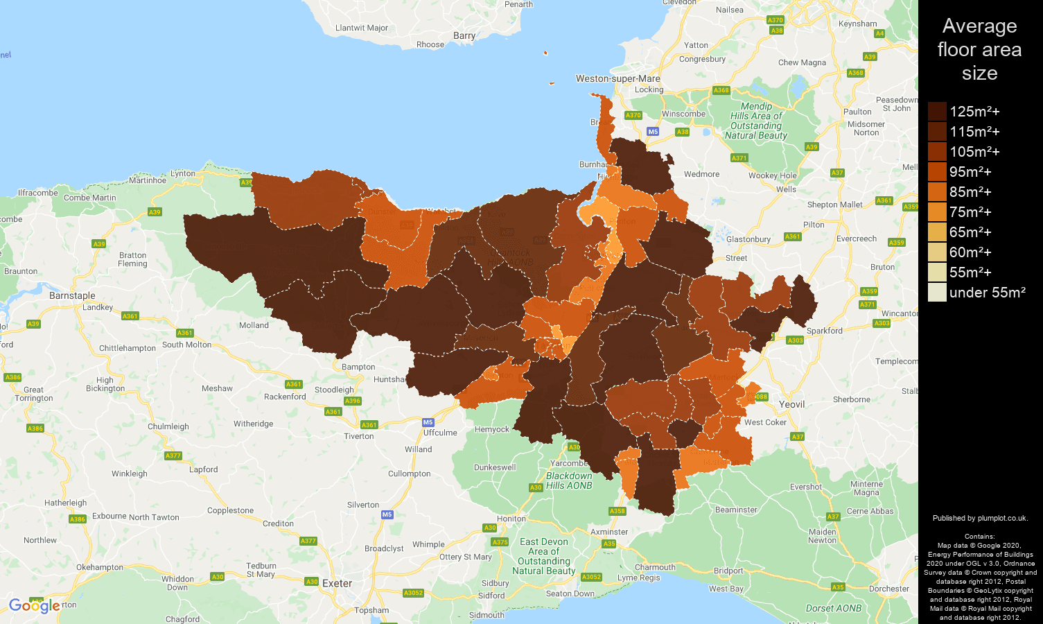Taunton map of average floor area size of houses