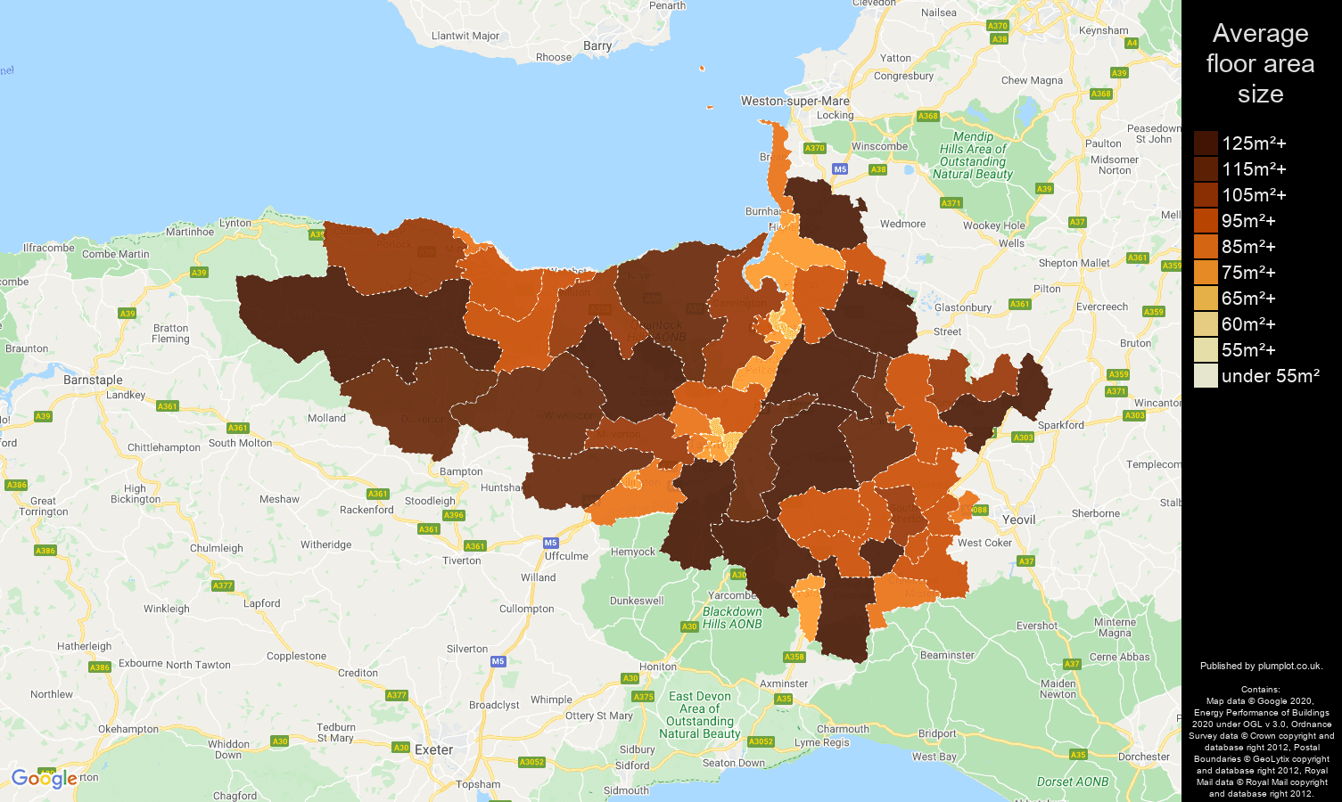 Taunton map of average floor area size of properties