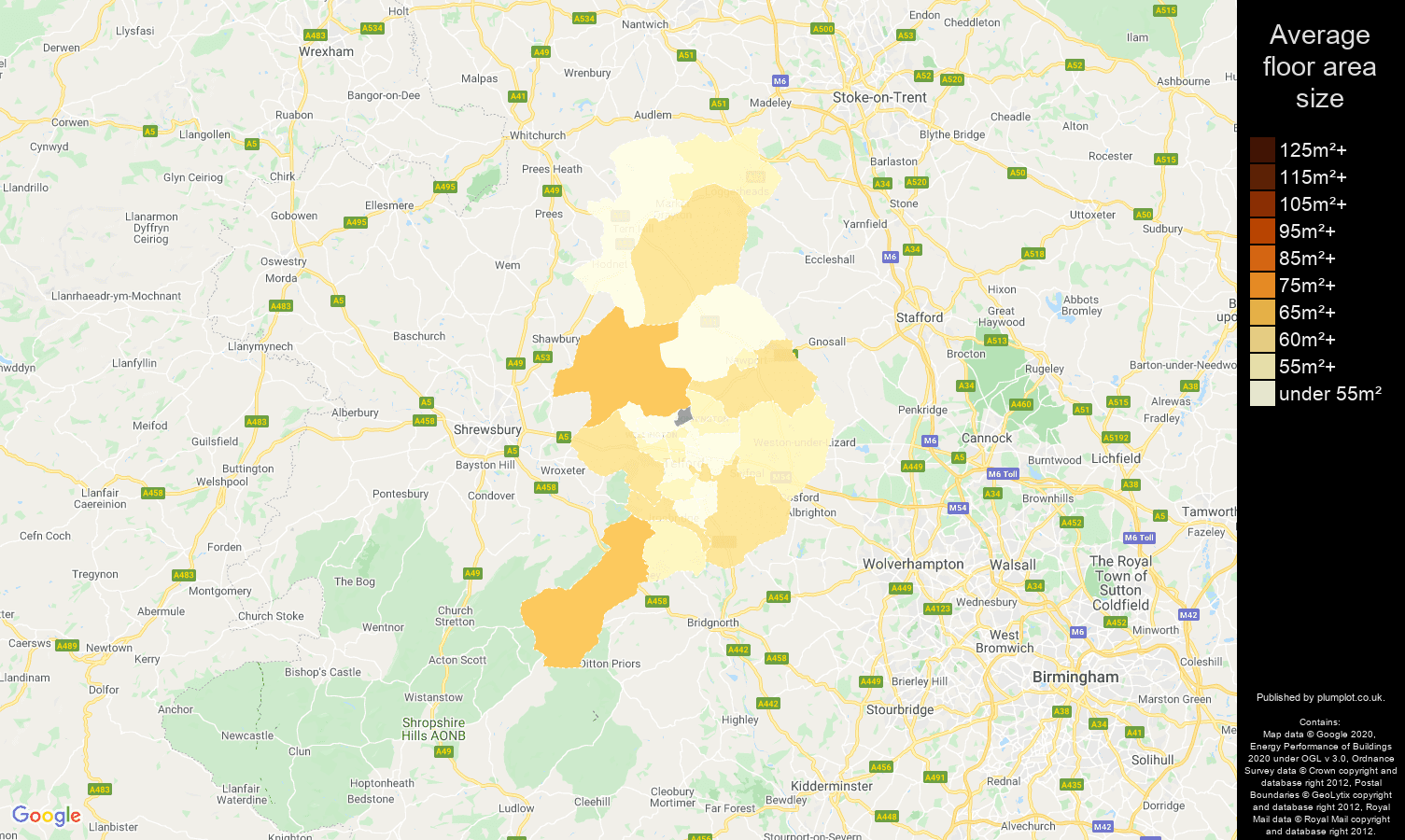 Telford map of average floor area size of flats