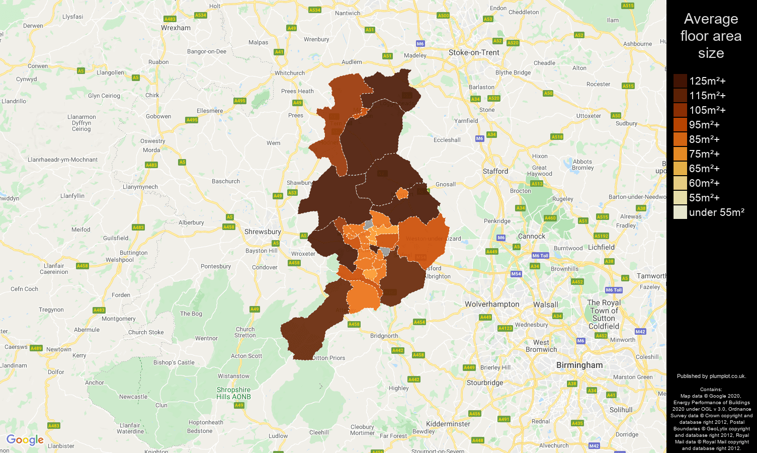 Telford map of average floor area size of houses