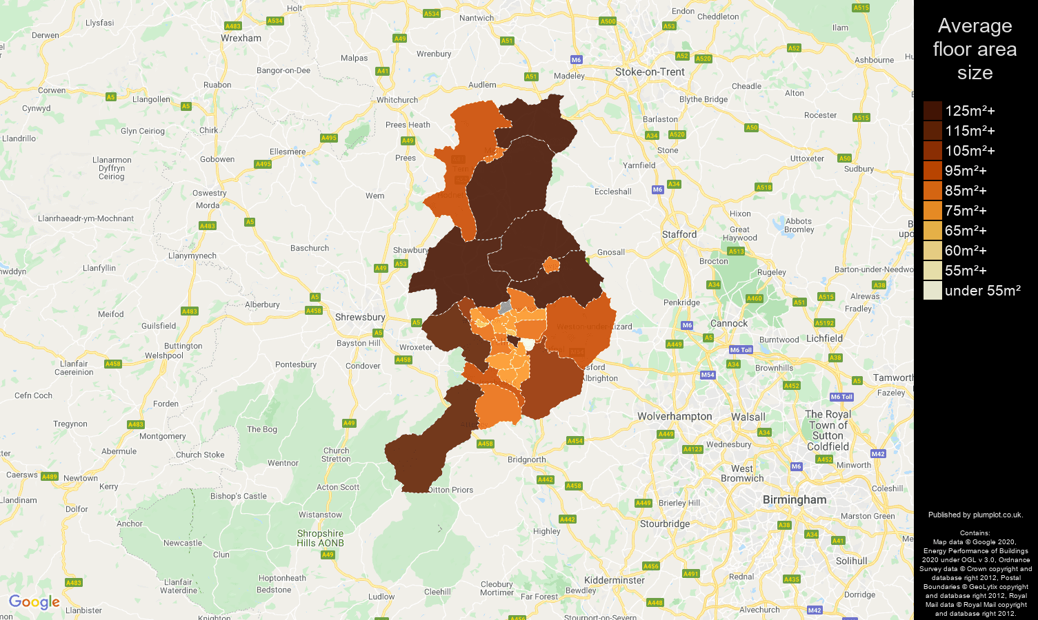 Telford map of average floor area size of properties