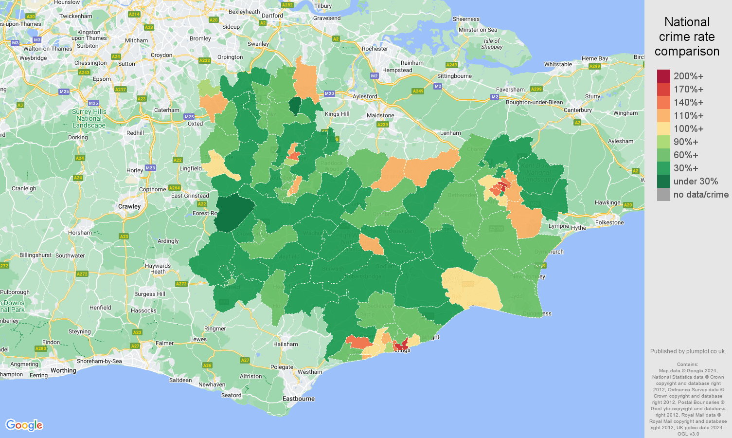 Tonbridge crime rate comparison map