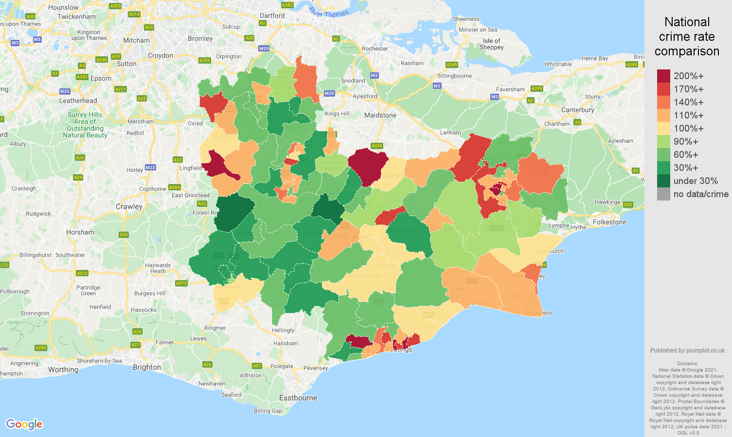 Tonbridge criminal damage and arson crime rate comparison map