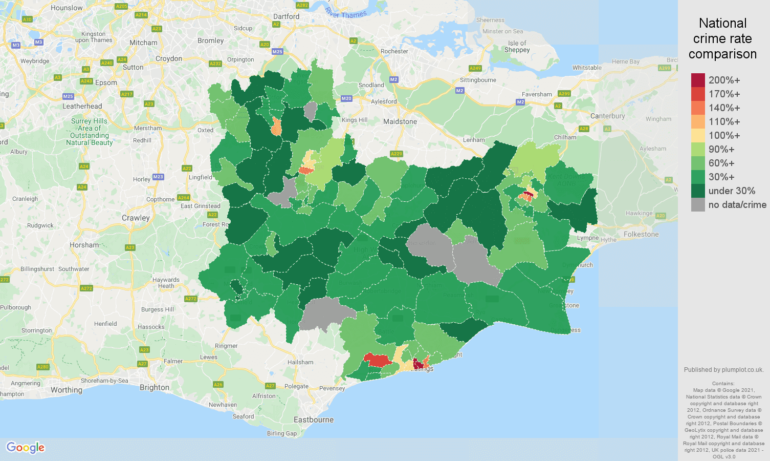Tonbridge drugs crime rate comparison map