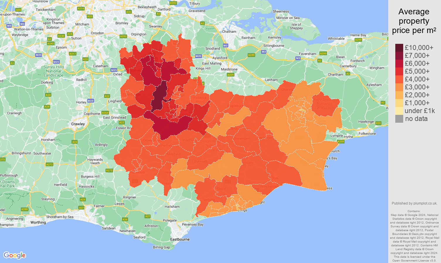 Tonbridge house prices per square metre map