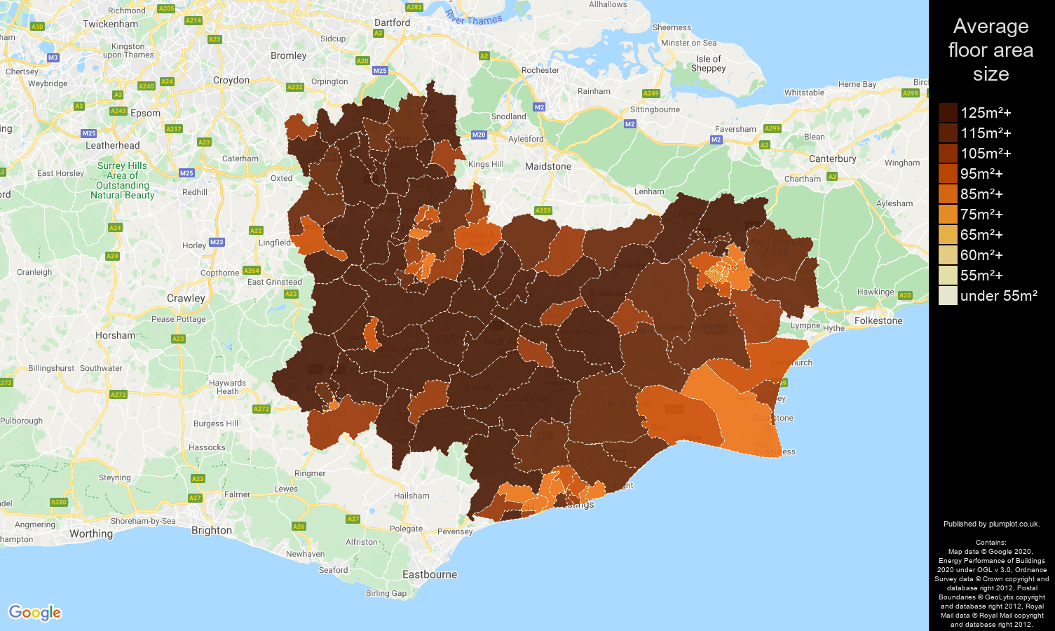 Tonbridge map of average floor area size of houses