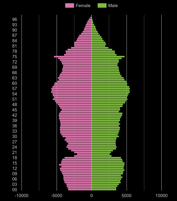 Tonbridge population pyramid by year